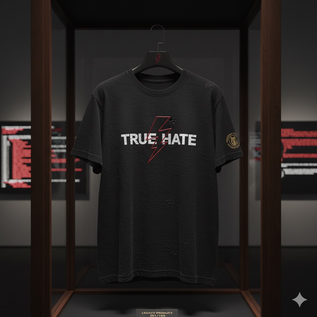 True Hate legacy product tee with red lightning bolt, displayed in a wood-framed case